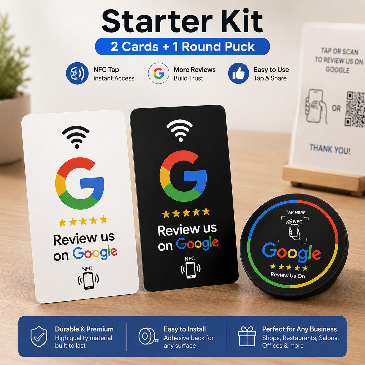 Google Review Starter Kit — 2 NFC Cards and 1 Round Puck